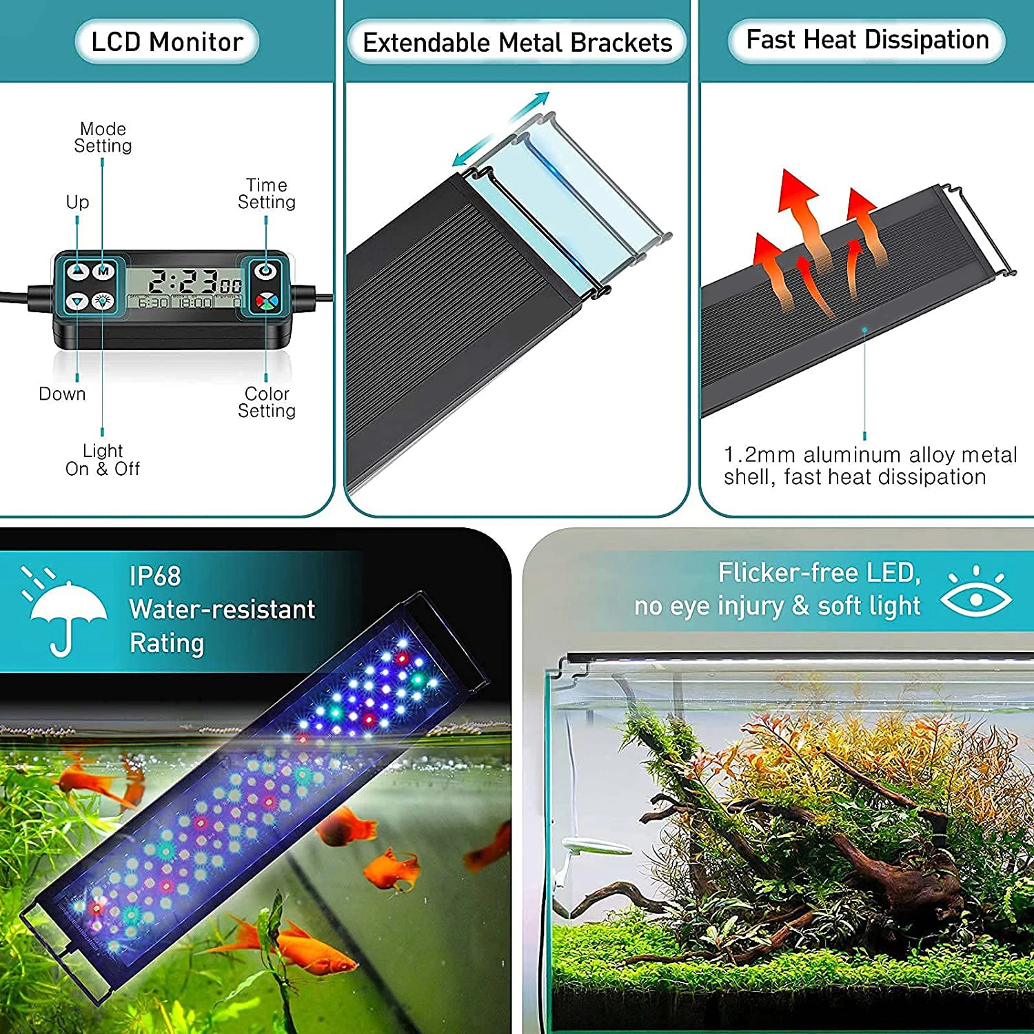 Fullgain 24/7 LCD Aquarium Light Full Spectrum Waterproof  Aluminum Alloy Extendable Aqua LED Bar Lightings  for Plant Growth