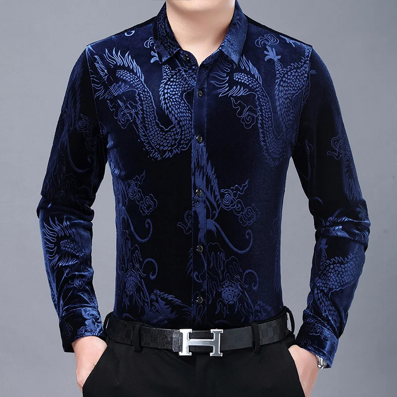 Gold Mens Velvet Shirts Father Collar Male Dress for Stout Fat Velour Winter Blouse With Dragons for Mens Flannel Black Shirts