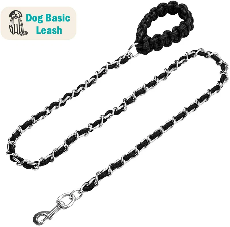 Benepaw  Heavy Duty Metal Chain Dog Leash Soft Anti Bite Nylon Braided Handle Pet Lead Training Rope Leads For Medium Big Dogs