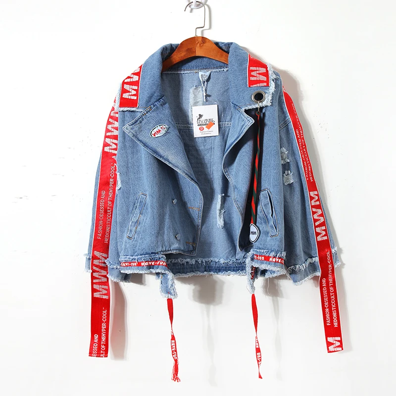 Denim Jacket Women 2023 New Harajuku Streetwear Hip Hop Letter Embroidery Ribbon Female Jeans Coat Size Chaqueta De Mujer
