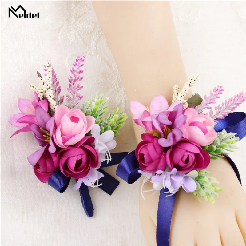 Meldel-rosas de seda para novio, Boutonniere, traje de hombre, Pin, ramillete, pulsera de muñeca para damas de honor, boda, flores artificiales, decoración de fiesta