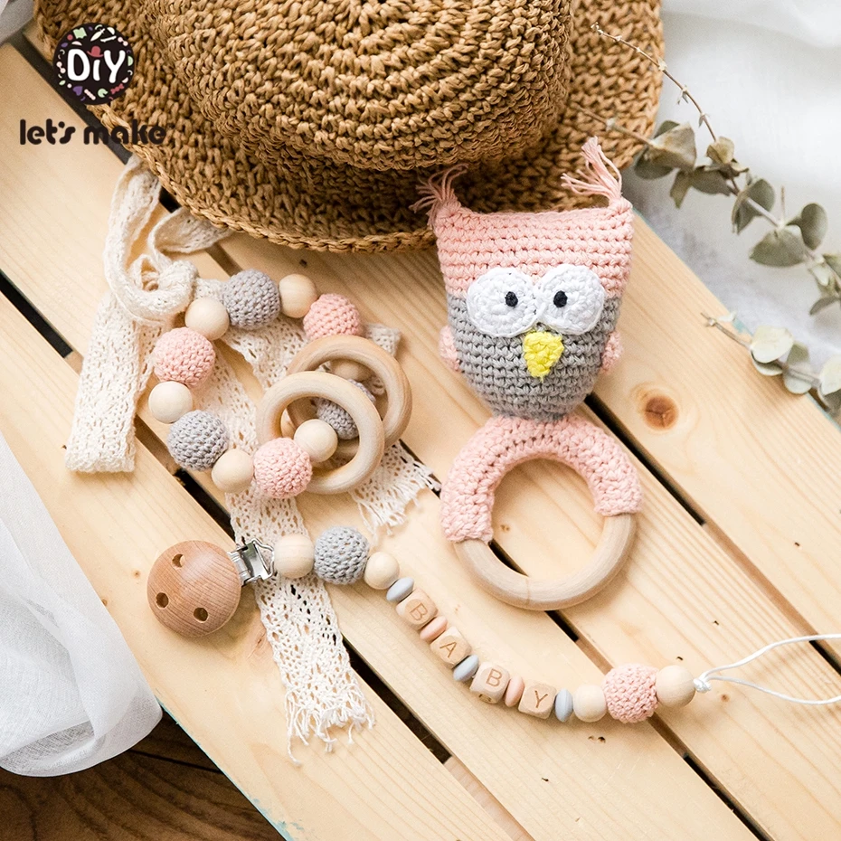 Let\'s Make 1pc Wooden Teether Amigurumi Baby Pacifier Chain Holder Crochet Mobile Baby Teether Woode Baby Rattle Toy