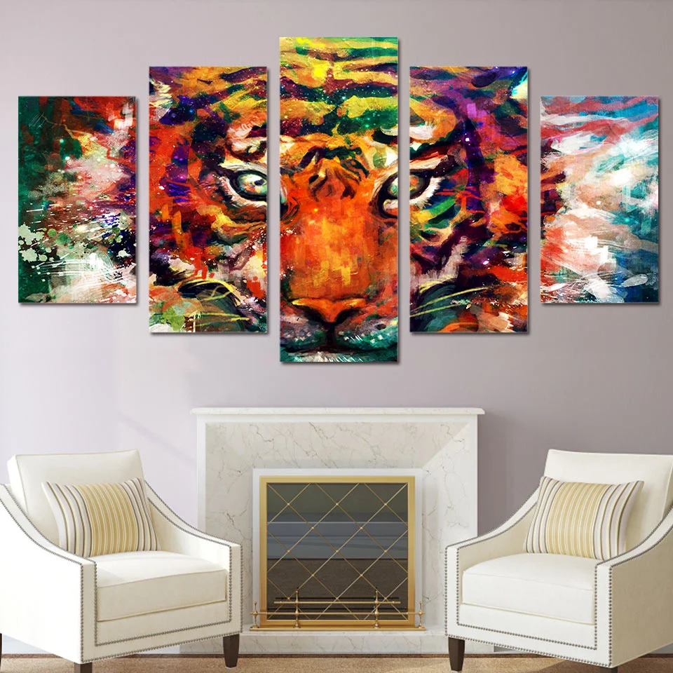 

Wall Art Canvas Paintings 5 Panels Pictures Colorful Tiger Modern Animals Home Decor Modular Pictures Living Room Decoration