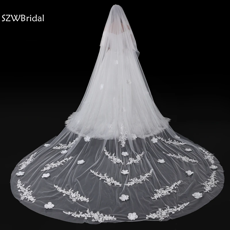 New Arrival Ivory 3 Meter Wedding Veil with Comb Lace Appliques Casamento bridal veil wedding Mantilla de novia