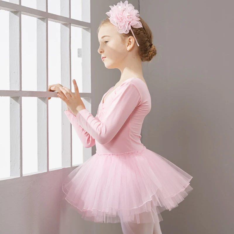 Long Sleeve Dance Dress for Girls, Cotton Ballet Dancewear with Tulle,Toddler Ballet Dress, Kids Tutu Dress, Kids Dance Skirts