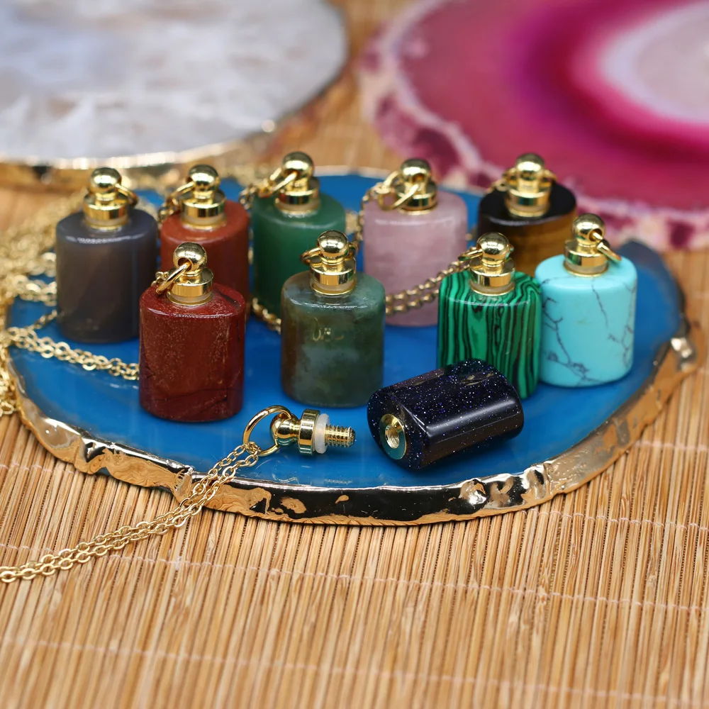 Cylindrical Natural Stone Perfume Bottle Necklace Rainbow Stone Malachite Charms For Elegant Women Love Romantic Gift