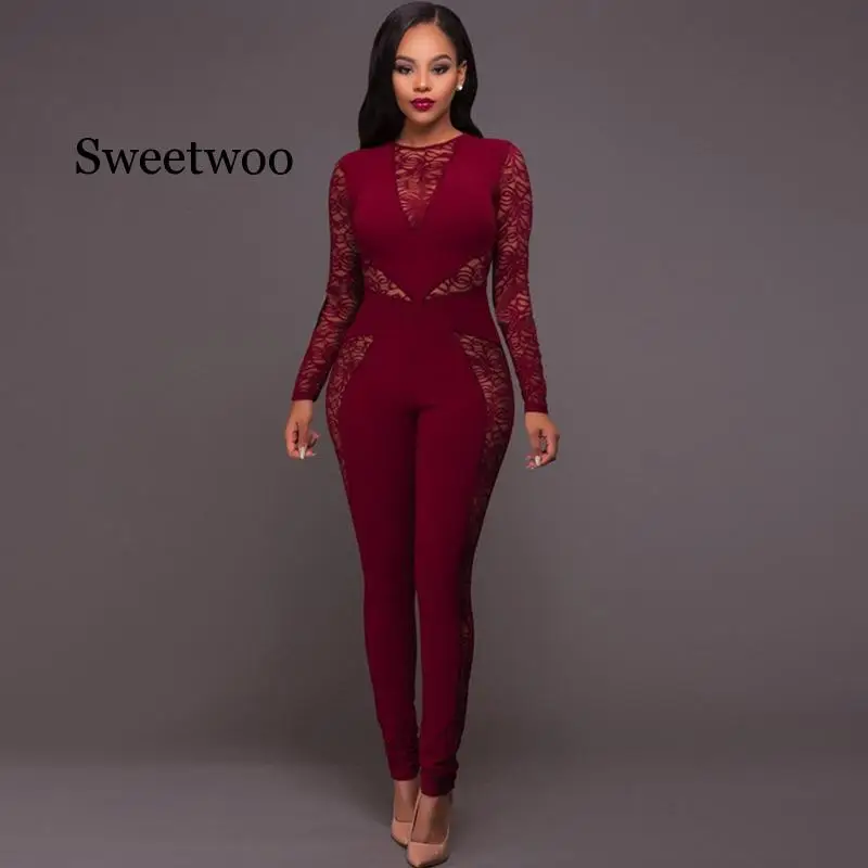 Women Lace Hollow out Jumpsuit Patchwork Sexy High Waist Pencil Pants Zipper Night Club Rompers