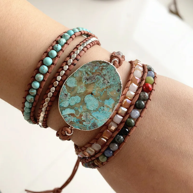 Multi-layer Leather Wrap Beaded Bracelet Huge Ocean Stone Boho Chic Jewelry Bohemian vintage Ethnic Bracelet Valentine's Gift