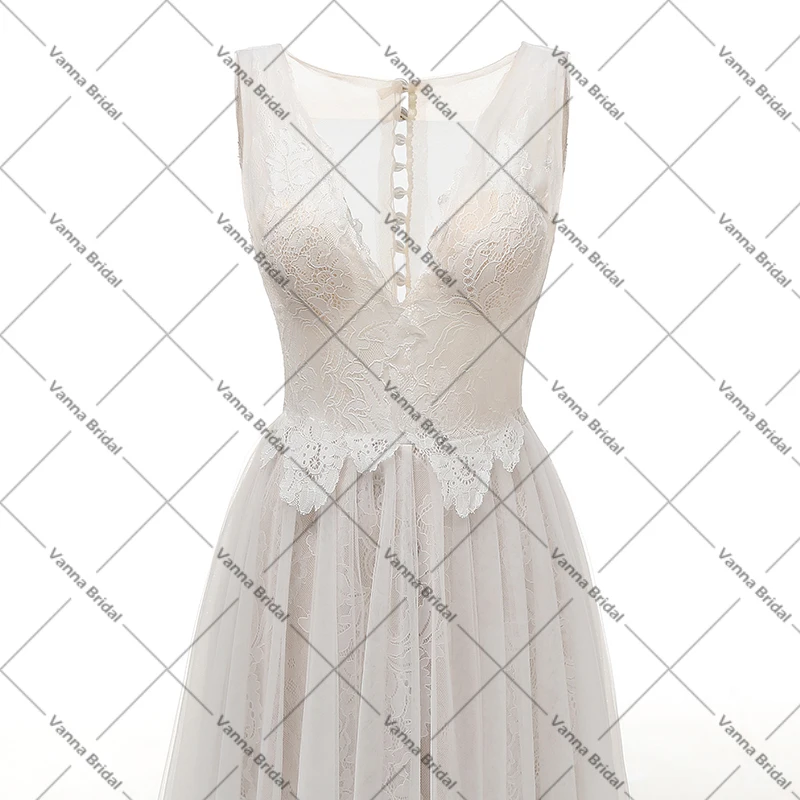 V pescoço boho chantilly laço vestido de casamento tule s linha appliqued ver através de volta botões feitos sob encomenda romântico vestidos de noiva