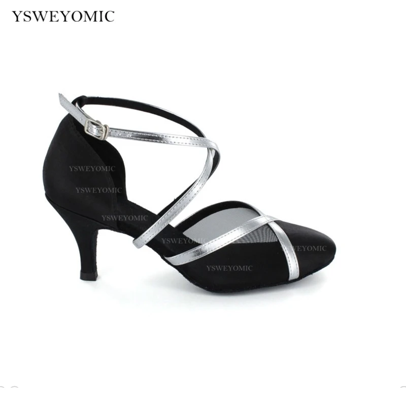 Black Latin Ballroom Dance Shoes Women Medium Low Heel 6cm 7cm Practice Ballroom Dance Shoes Closed Toe in Suede Outsole
