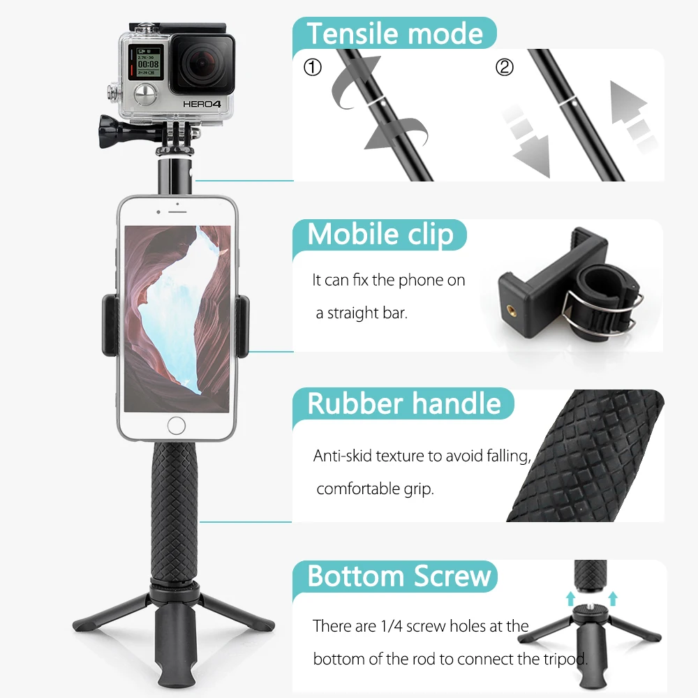 Vamson for Gopro Accessories Tripod Monopod Adjustable Selfie Stick for GoPro Hero 8 7 6 5 for Xiaomi Yi SJCAM for Phone VP422