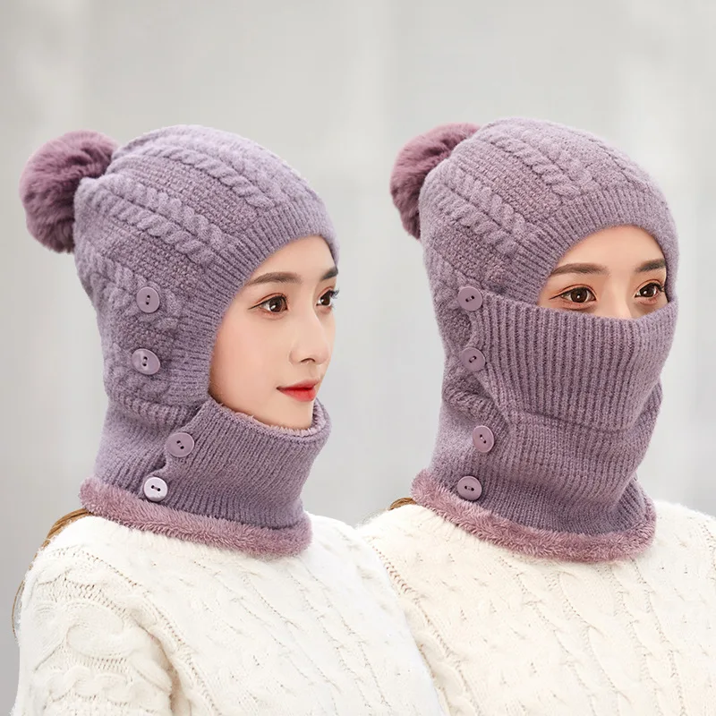 K251 Winter Hat Women\'s hat One-Piece Warm Hat Knitted Bib Bubble Hat Thick Wool Hat Cold Hat Hat With Earmuffs Baotou Cap