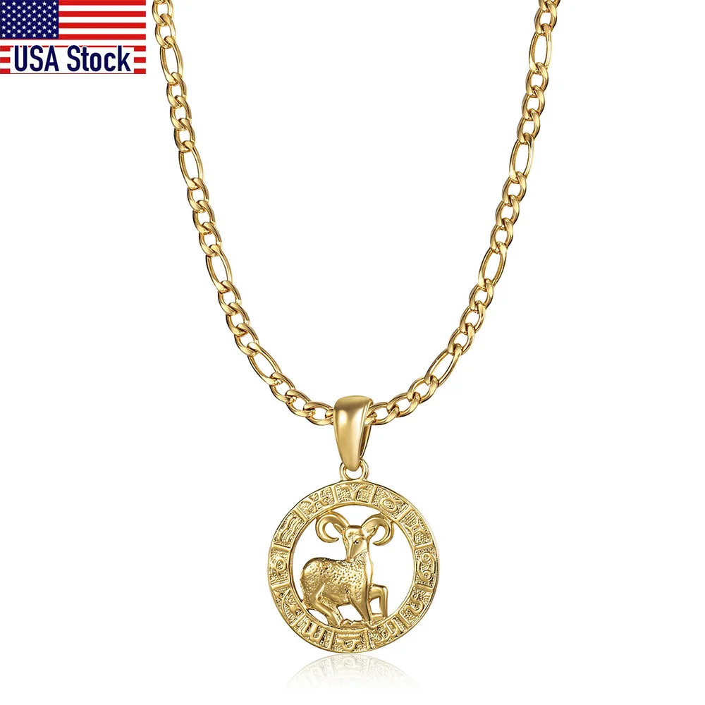 Zodiac Sign Necklace For Women Men Round Constellations Pendant Gold Color Stainless Steel Figaro Link Chains Dropshipping