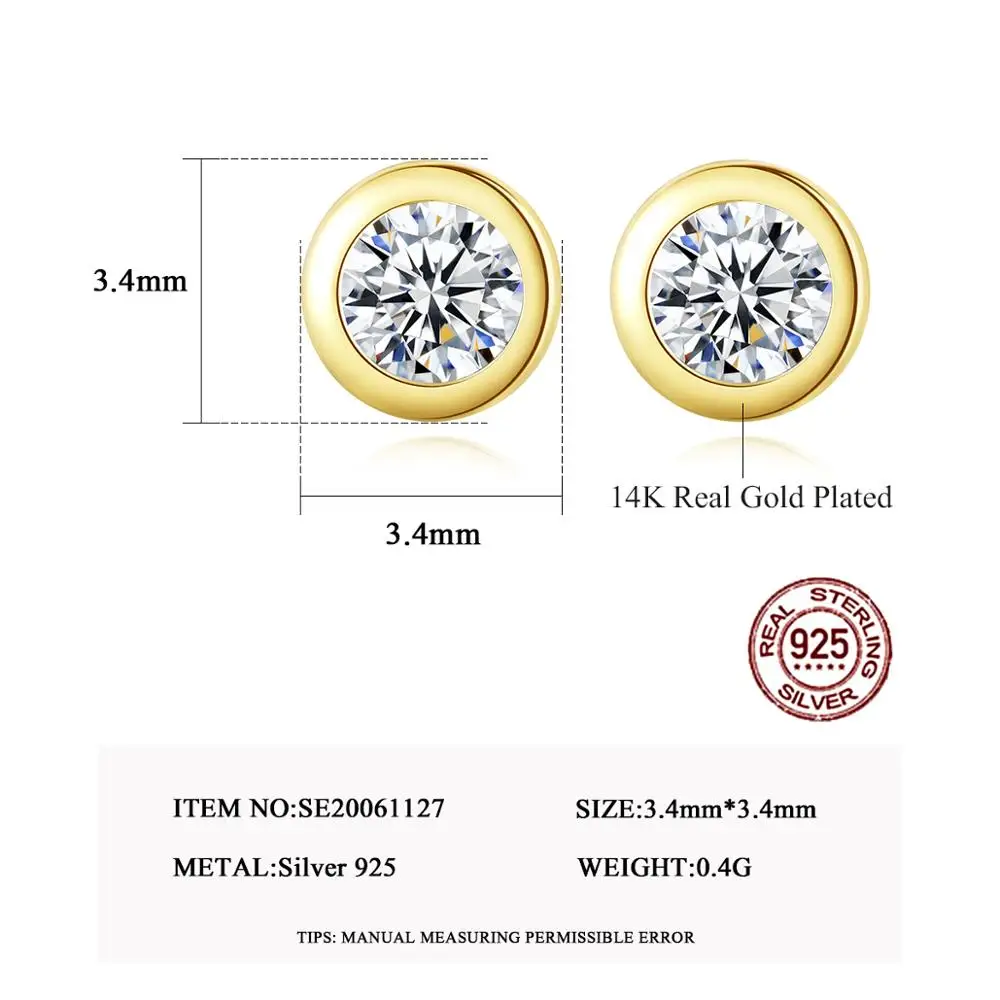 PAG&MAG 925 Sterling Silver Clear Zircon Round Simple Stud Earrings For Women 14K Gold Plating Earrings Fashion Jewelry