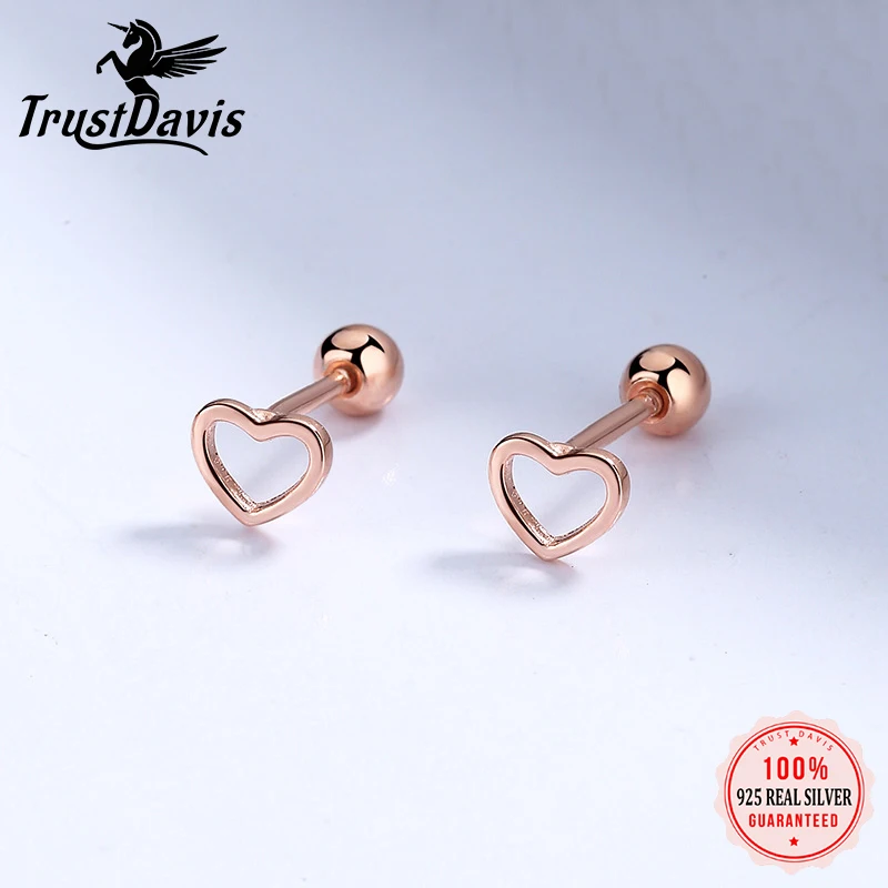 

TrustDavis Real 925 Sterling Silver Fashion Romantic Hollow Heart Love Screw Stud Earrings For Women Wedding Fine Jewelry DA2521