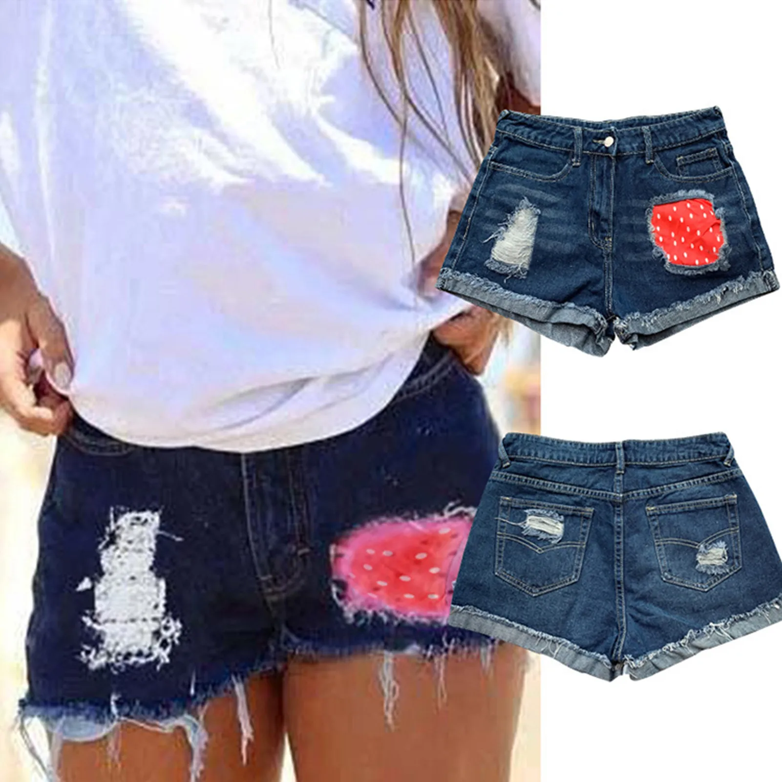 Ripped jeans shorts watermelon Print Denim Hot Shorts Summer pants pocket button mini pants Ripped Edge Frayed Denim Shorts