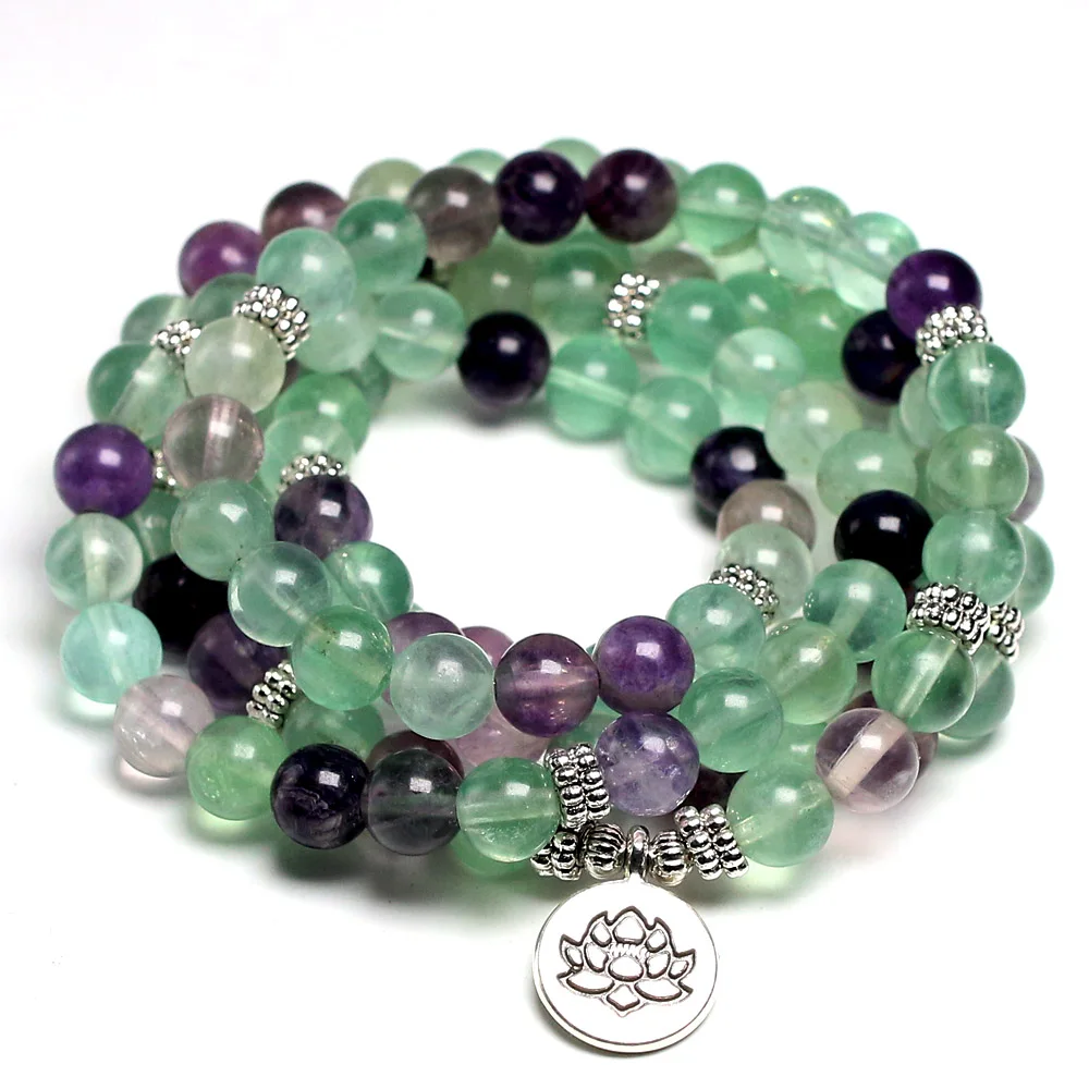

Healing Bracelets For Women And Men Natural Fluorite 8MM Yoga Meditation Mala Bracelet 108 Beads Japa Mala Lotus