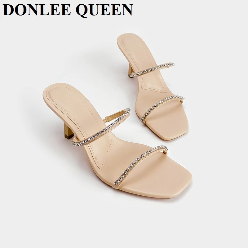 2023 Brand Rhinestone Slippers Women Square Toe Med Heels Mule Shoes For Party Candy Color Sandal Slip On Slide Flip Flops Mujer