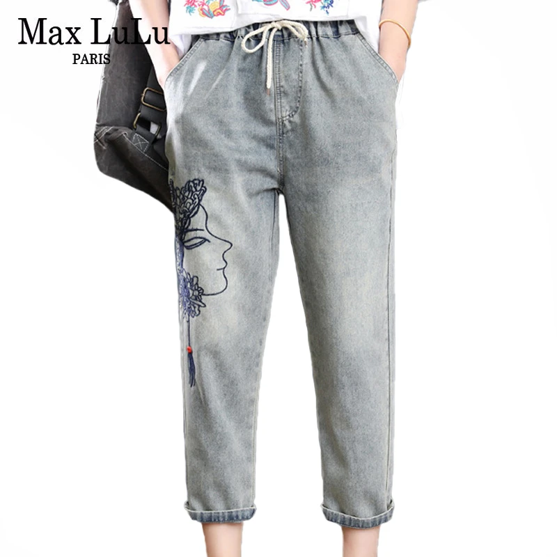 Max LuLu 2020 Summer Chinese New Fashion Style Ladies Embroidery Denim Trousers Womens Elastic Denim Trousers Female Harem Pants