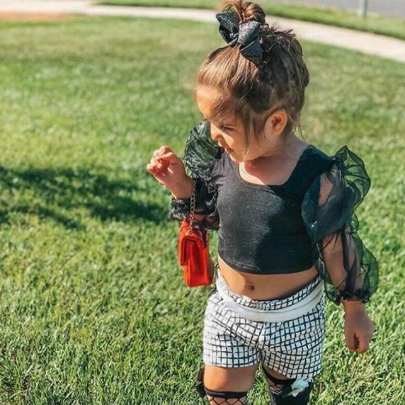 Fashion Baby Girl Cotton T-Shirt Puff Sleeve Toddler Girl Pincess Lace Shirt Long Sleeve Round Neck Tee Top Solid Blouse 2-13T