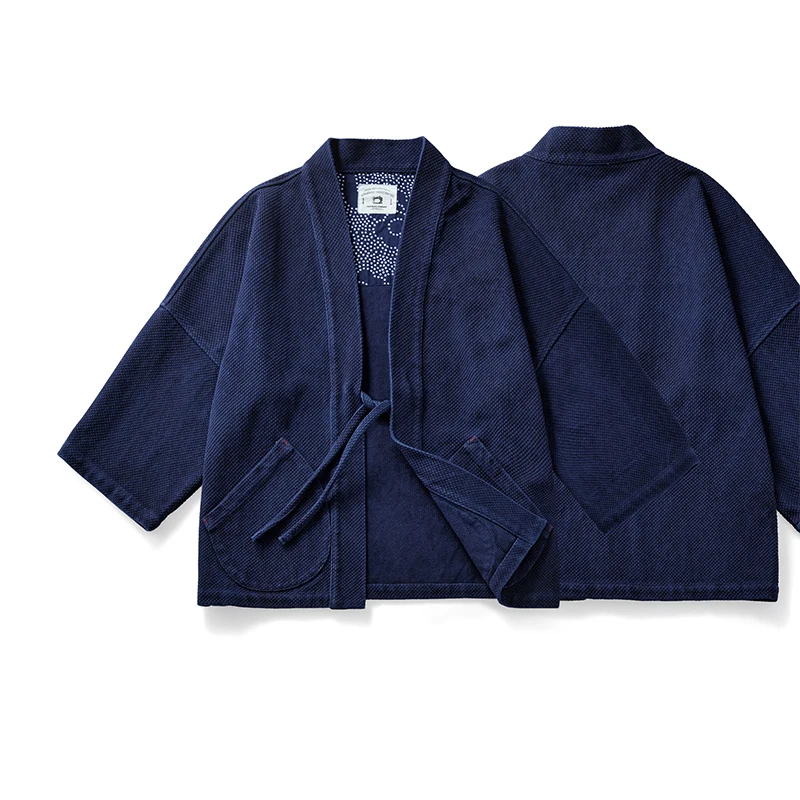 BADBOWL Indigo Jacket Men Handmade Plant Blue Dye Kendo Cotton Coat Improved Japanese Kimono Jackets Male Loose Casual Road Robe