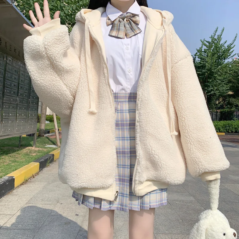 

Winter Kawaii Women Teddy Coat Harajuku Cute Girls Lolita Plush Faux Fur Thick Warm Oversized Female Jacket Fleece Outerwear