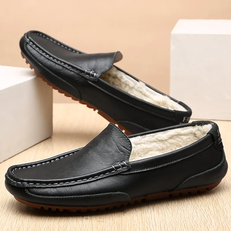 Winter Warm Mens Loafers Genuine Leather Driving Shoes Casual Italian Brand Designer Fur Loafers Shoes Man High Quality