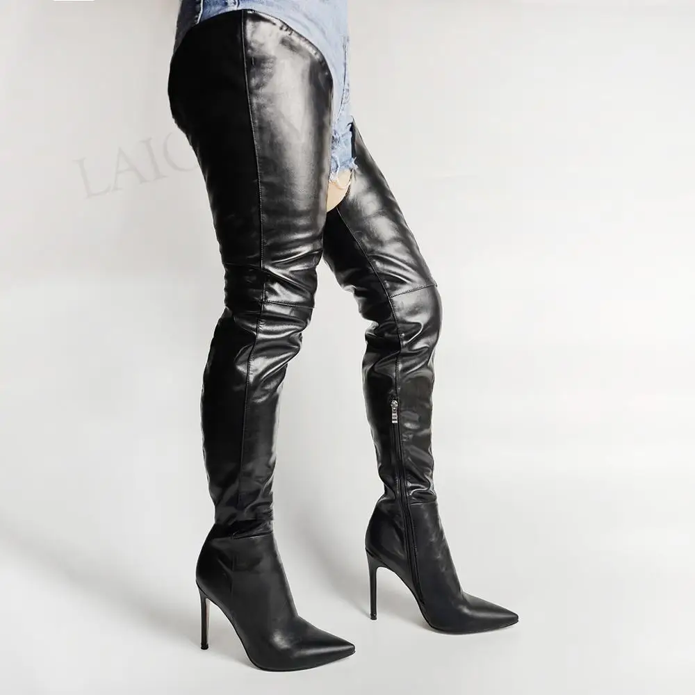 LAIGZEM Women Thigh High Boots Faux Leather Side Zip Stiletto High Heels Boots Over Knee Botines Shoes Woman Big Size 44 46 47