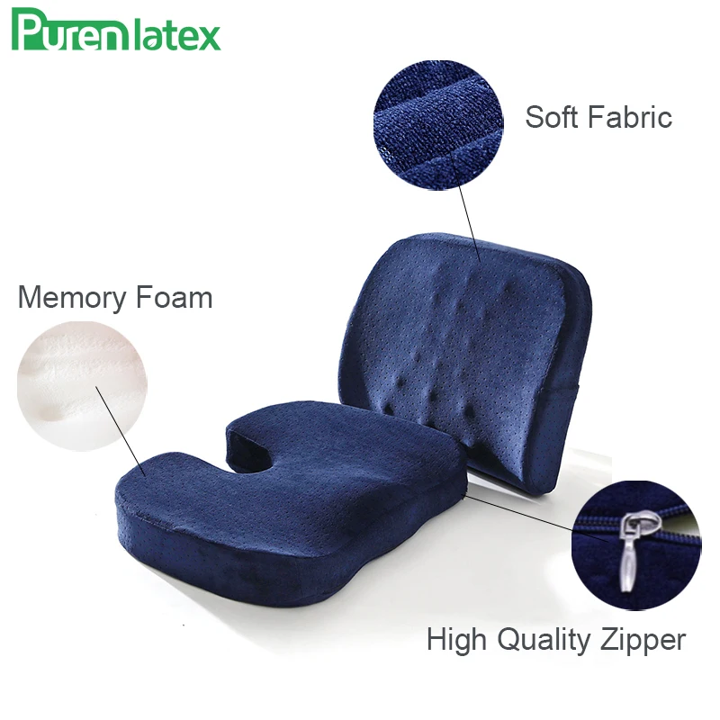 PurenLatex 2pcs Office Car Memory Foam Pillow Set Spine Coccyx Protect Orthopedic Seat Office Sofa Chair Back Cushion Waist Mat