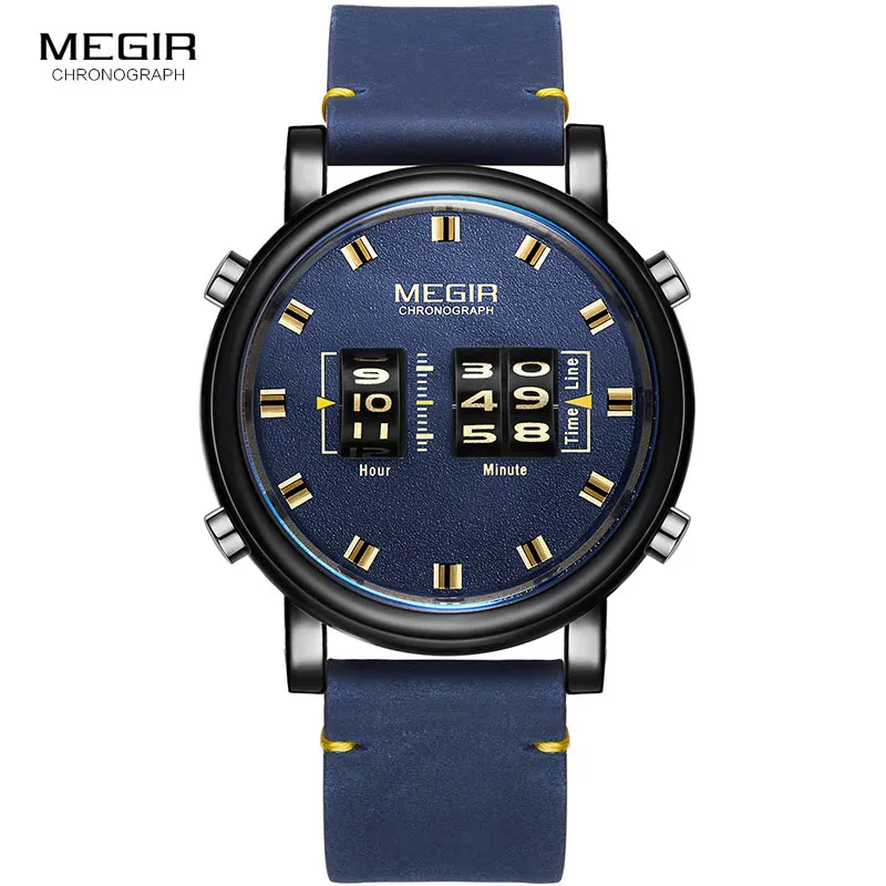 MEGIR Drum Roller Watch Men Top Luxury Brand Man Military Sport Quartz Wrist Watches Blue Leather Digital relogio masculino 2137