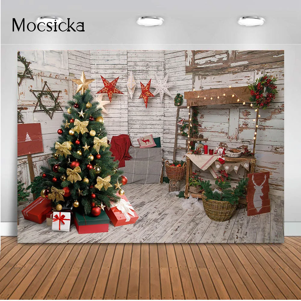 Christmas Tree Children Kids Portrait Backdrop for Photography Shop Little Star Rustic Gray Wood Board Decoration Banner