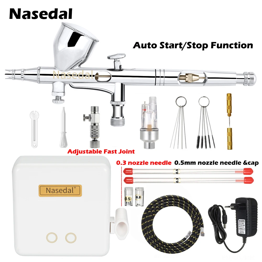 

Nasedal NT-24W 0.2mm Dual-Action Auto-Stop Airbrush Compressor 9cc 0.3mm 0.5mm Spray Gun for Model Makeup Nail Art Cake Car