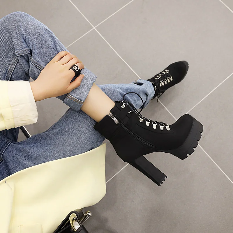 المتضخم قطيع المعادن ثقب دائري حذاء من الجلد سوبر عالية كعب سميك منصة مشبك الدانتيل متابعة سستة الشارع الدافئة المرأة قصيرة التمهيد #2