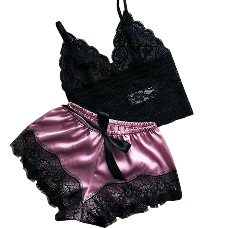 Womens  Lace Sleepwear Lace Nachtkleding Lingerie Sleeveless V-Neck Babydoll Pajamas Set Lingerie Tops Shorts Set Nightwear