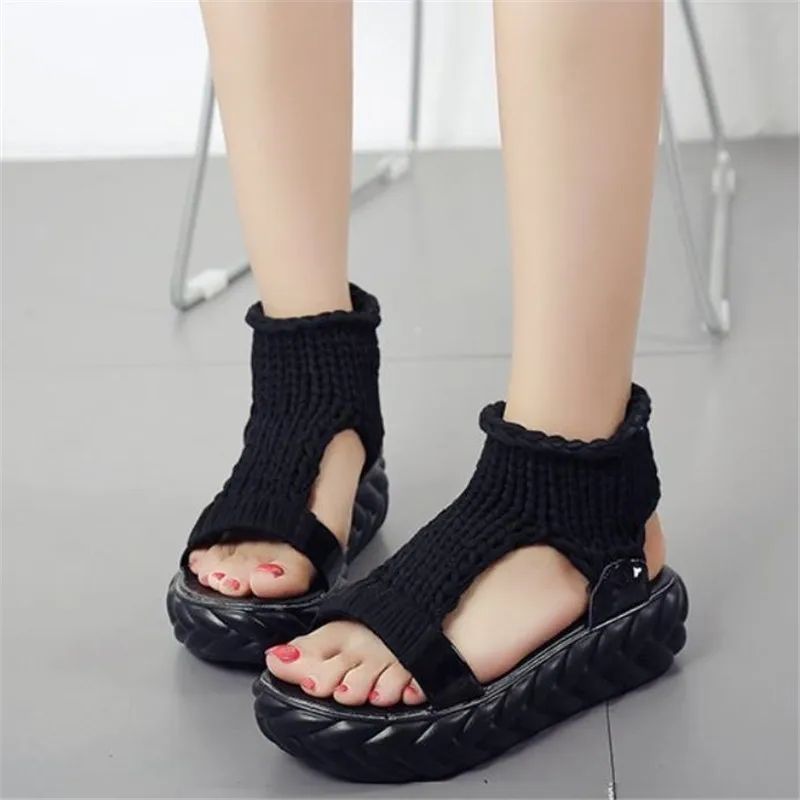 Knitted Elastic Sandals New Summer Shoes Women Fashion Mesh Open Toe Flat Sandals Sweet Hollow Slip-On Female Platform Shoes