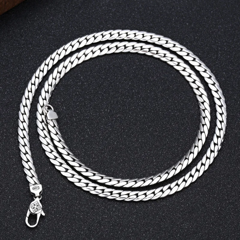 

BOCAI New Solid 100% S925 Silver Jewelry Fashion Retro Personality Flat Chain 5MM Diamond Buckle Snake Bone Chain Man Necklace