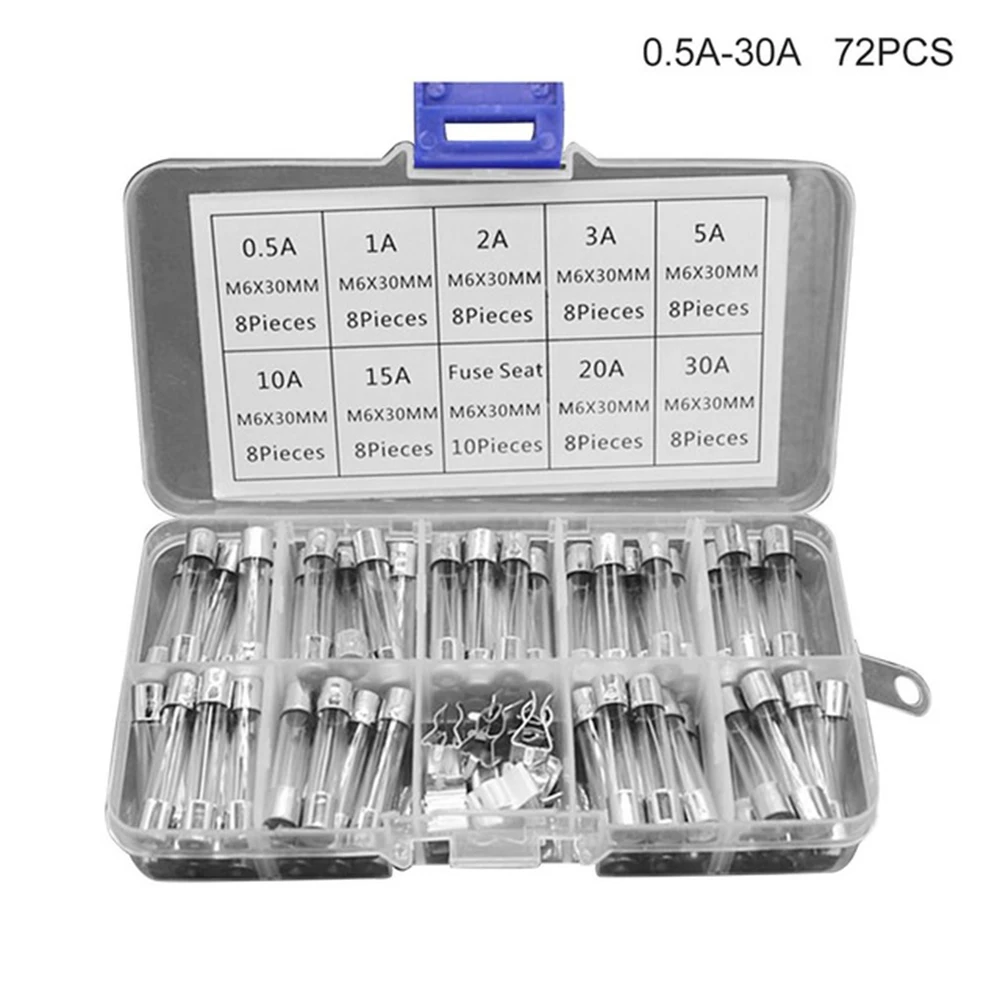 72 pcs/set, 6x30mm fusible glass fuse, 250 V (0.5A, 1A, 2A, 3A, 5A, 10A, 15A, 20A, 10a)