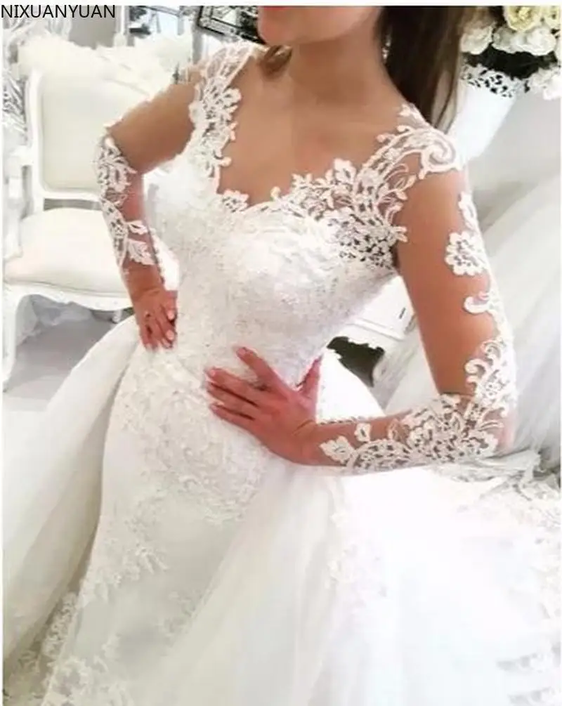 Vestido De Noiva Spitze Meerjungfrau Hochzeit Kleid mit Abnehmbaren Rock Backless Lange Hülse Braut Hochzeit Kleider