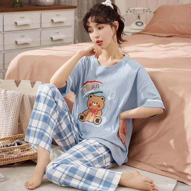 

Summer Knitted Cotton Women Pajamas Set Short Sleeve Pyjamas Cute Cartoon Sleepwear Loose Soft M-5XL Female Home Clothing