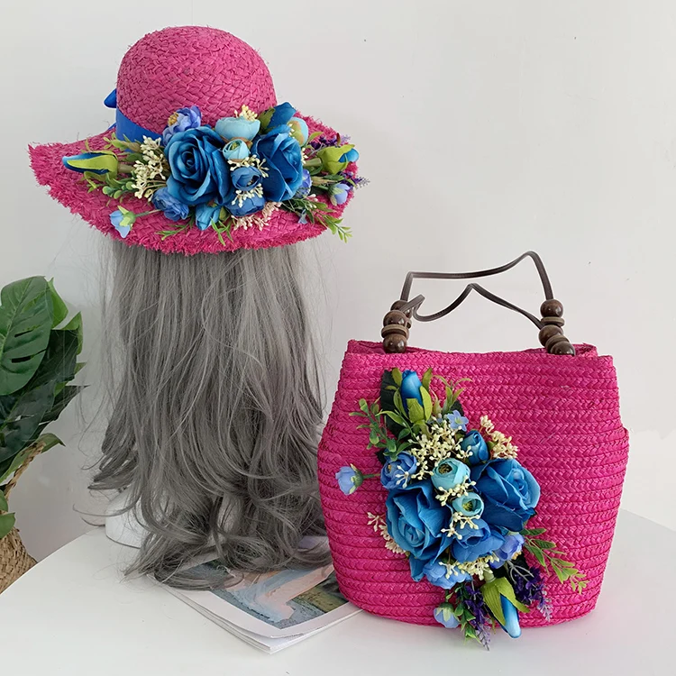 Bolsa feminina rattan, moda verão palha azul flores artificiais cravejadas bolsa de ombro chapéu