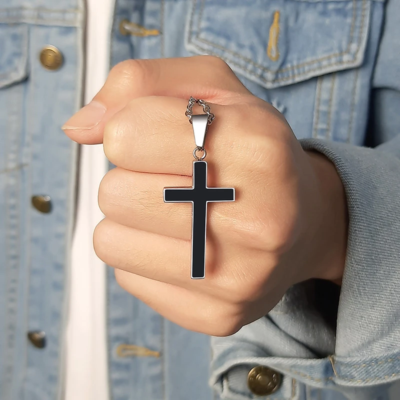 Vnox Minimalist Cross Pendants for Men Black Stainless Steel Necklace Jesus Christ Jesus Prayer Church Jewelry