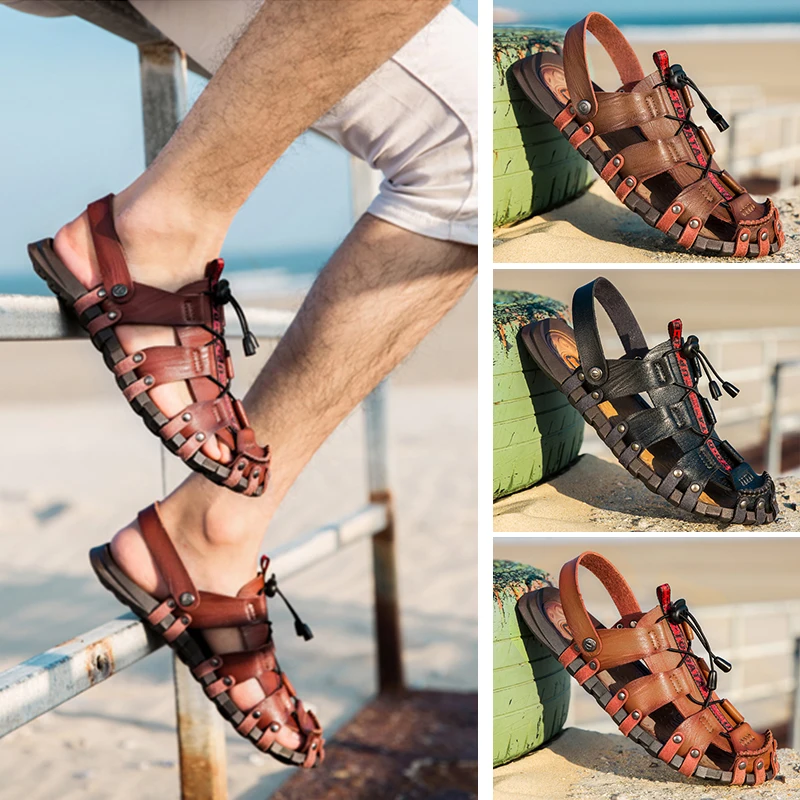 Big Size 47 Men Sandals Summer Beach Shoes Fashion Genuine Leather Sandals Casual Men Shoes Outdoor Sandalias Mens Flip Flops