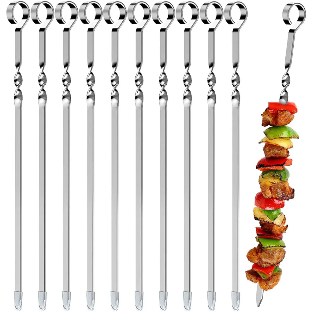 10pcs BBQ Skewers Stainless Steel Barbecue Sticks Flat Cooking Grill Skewers for Home Camping