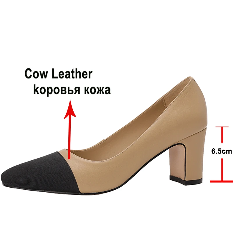 Meotina Genuine Leather Women Thick Heels Pumps Square Toe Fashion High Heel 6cm Ladies Footwear Spring Apricot 42 Cow Leather