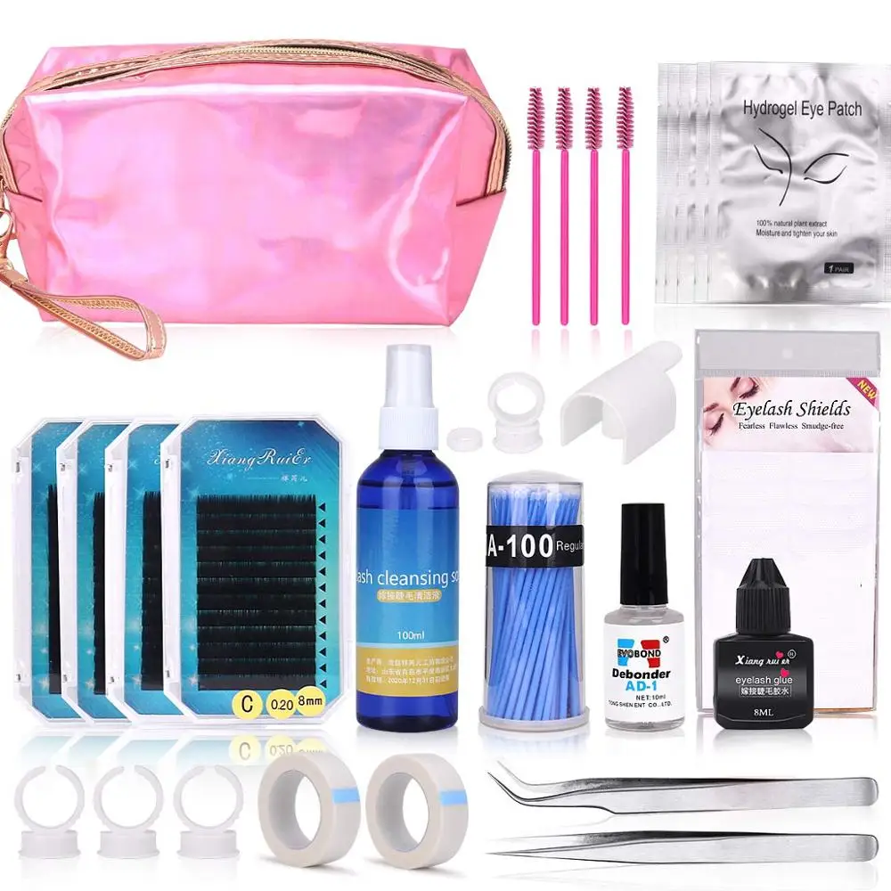 Konmison Eyelash Extension Kits Full Professional Curl Eyelahes Lashes Strip Graft Glue Under Patch Pad Tweezers Case Bag