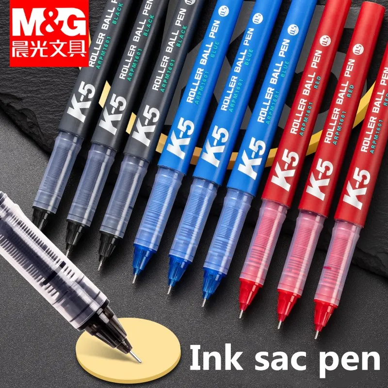 M&G K5 12PCS Direct-fluid-roller Pen 0.5mm Quick-drying Gel Pen ARPM1601 Black Red Blue Large Capacity Signing Pen Plastic