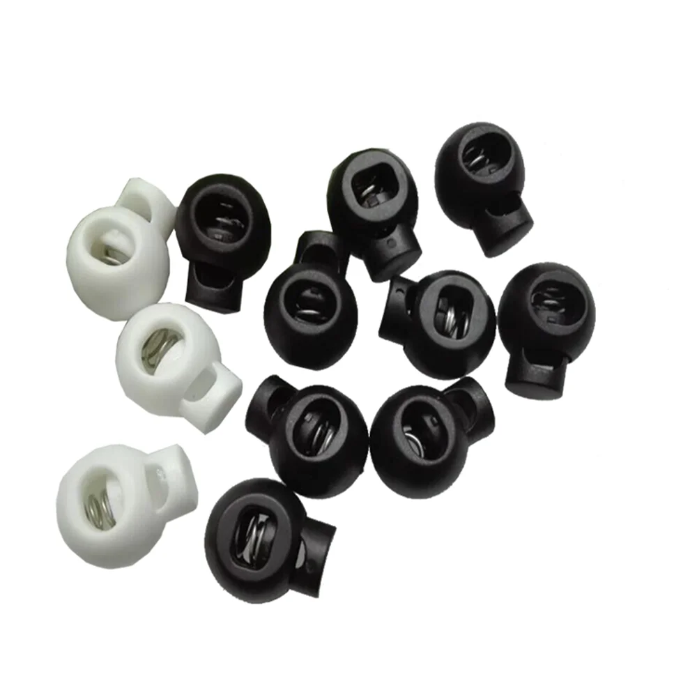 50pcs/lot  black/white plastic round ball cord lock toggles plastic spring stoppers for 9mm bungee shock cord