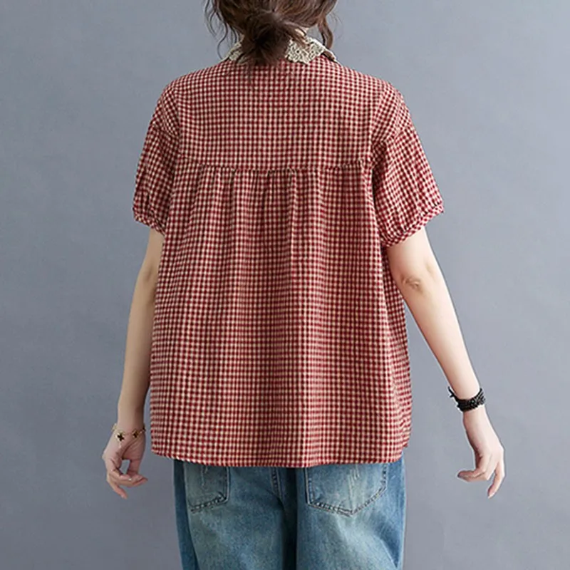 Women Cotton Linen Casual Shirts New 2021 Summer Vintage Style Peter Pan Collar Plaid Print Loose Female Tops S3791