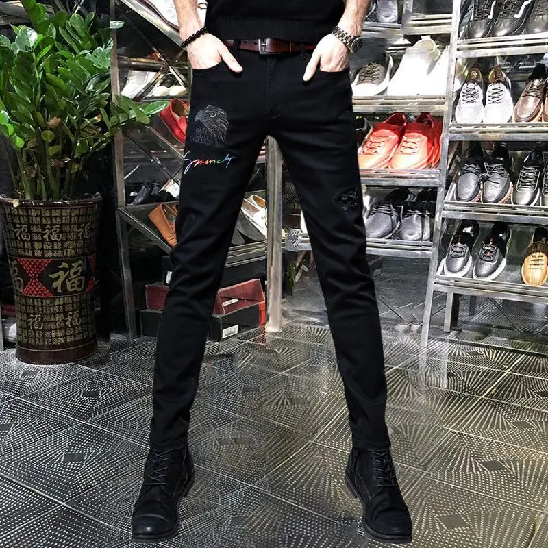 

High Quality Men’s Ripped Denim Pants,Slim-fit Stretch Black Jeans,Scratches Street Fashion Casual Jeans,Eagle Prints Jeans;