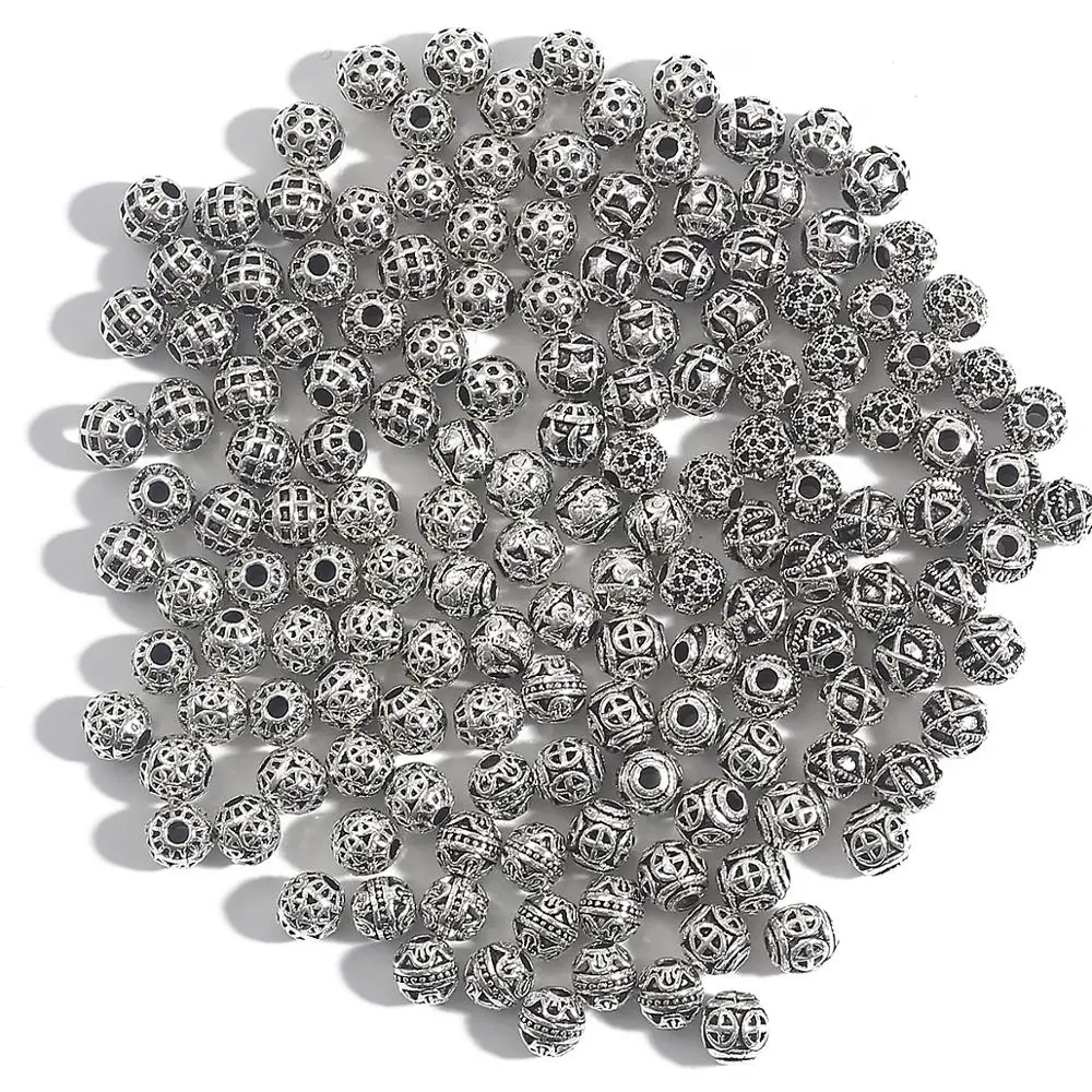 20pcs 6mm Tibetan Antique Silver Plated Metal Spacer Beads Hollow Loose Beads For Jewelry Making DIY Bracelet Nekclace